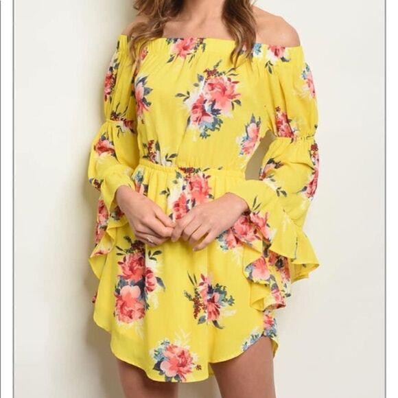 Love J yellow floral dress lined off shoulder with sleeves large (g1) - Picture 1 of 9